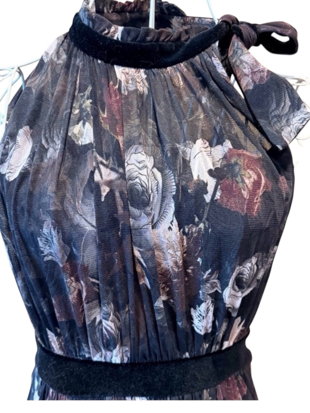Fuzzi Dark Floral Mesh Halter Dress Black Velvet Waist Trim Size S - Picture 5 of 8